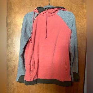 Ampersand Avenue double hood sweatshirt medium peach, olive green, and grey